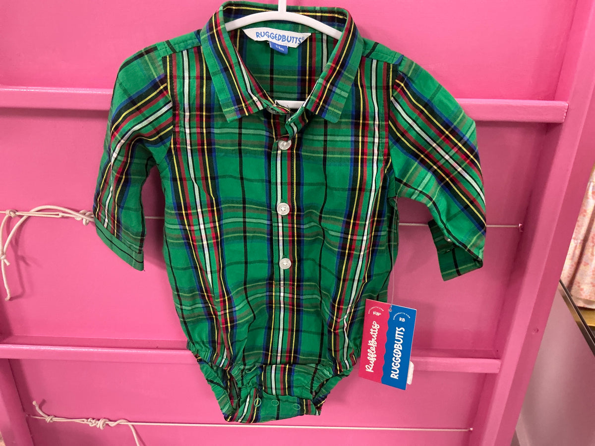 RuffleButts + RuggedButts - Baby Boys Green Nicholas Plaid Long Sleeve Button Down Bodysuit