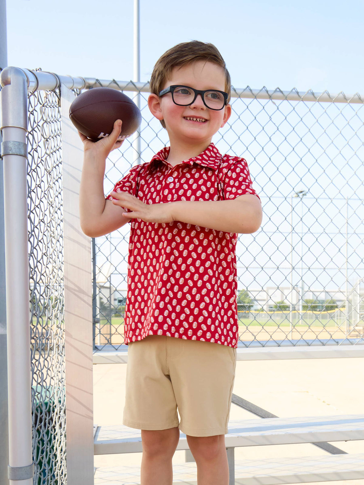 RuffleButts + RuggedButts - Boys Varsity Red Football Frenzy Knit Short Sleeve Performance Polo