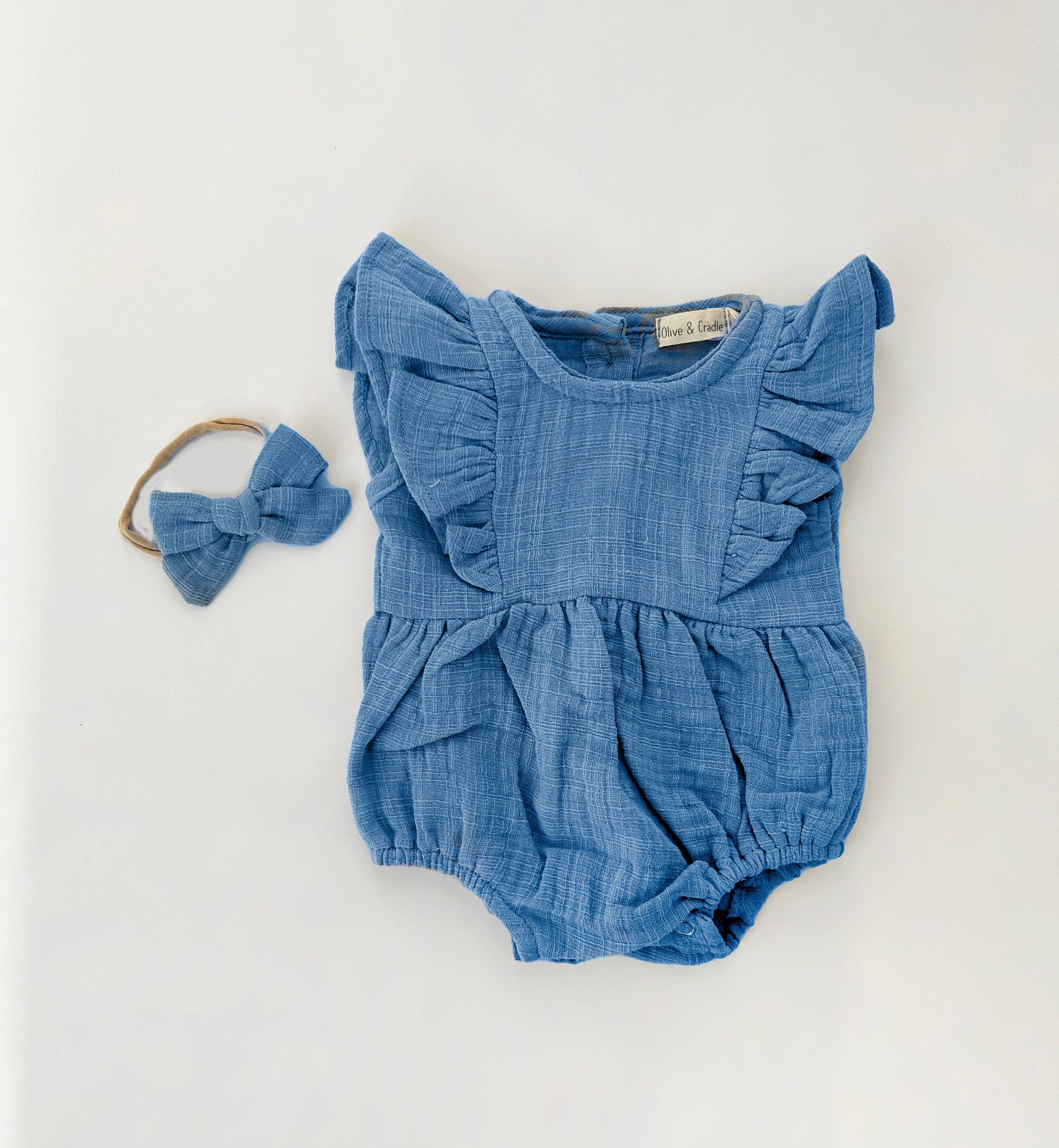 OLIVE & CRADLE - Milana Muslin Bubble Romper + Bow