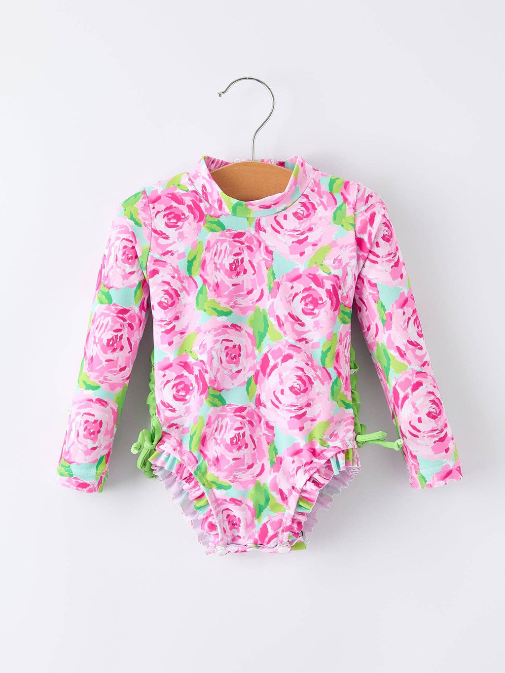 Rylee Faith Designs - Summer Rose Floral Print Girl Long Sleeve Ruffle One Piece Swimsuit