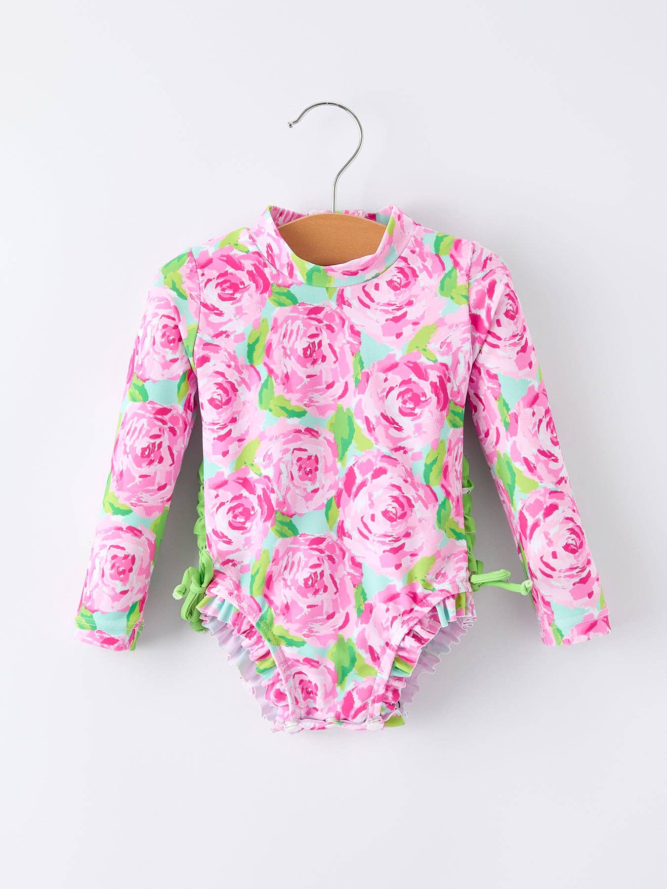 Rylee Faith Designs - Summer Rose Floral Print Girl Long Sleeve Ruffle One Piece Swimsuit