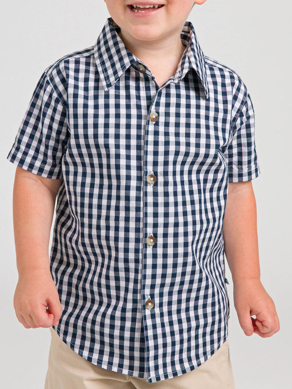 RuffleButts + RuggedButts - Boys Classic Dark Navy Gingham Short Sleeve Button Down Shirt