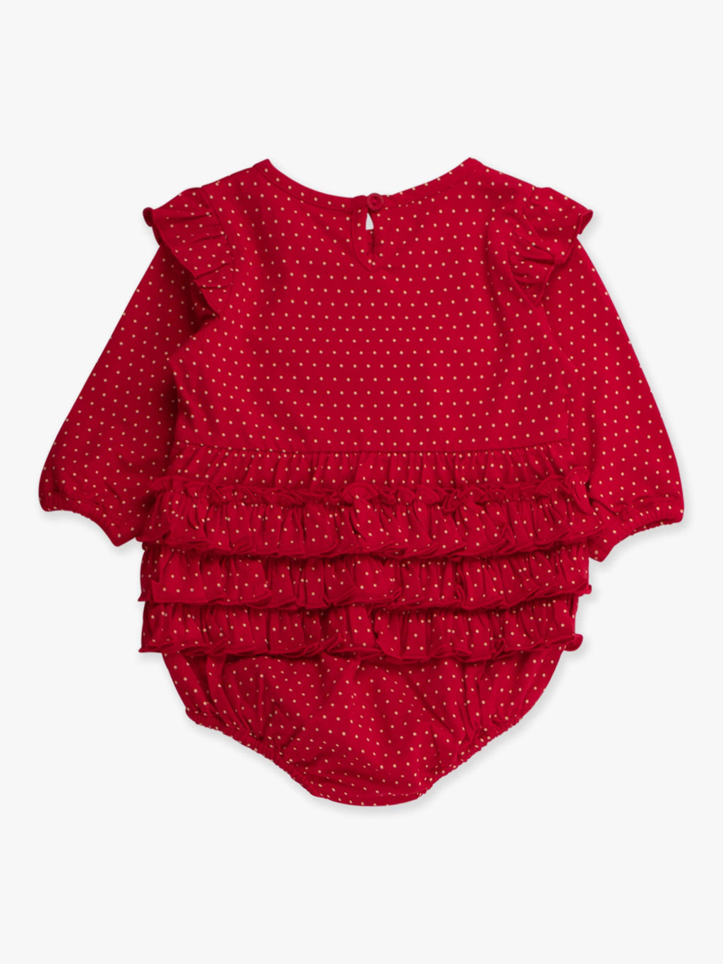 RuffleButts + RuggedButts - Baby Girls Tiny Red & Pink Dots Knit Long Sleeve Flutter Bubble Romper
