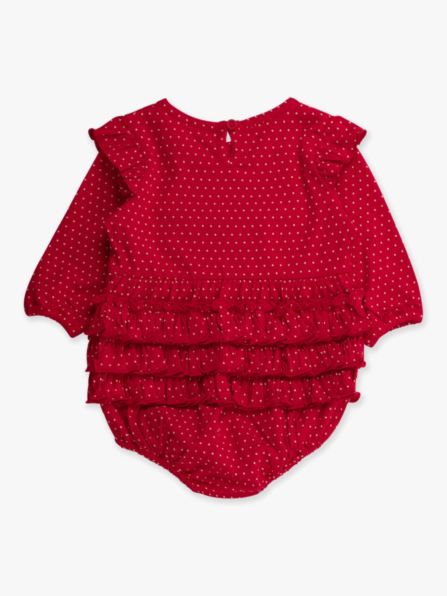 RuffleButts + RuggedButts - Baby Girls Tiny Red & Pink Dots Knit Long Sleeve Flutter Bubble Romper