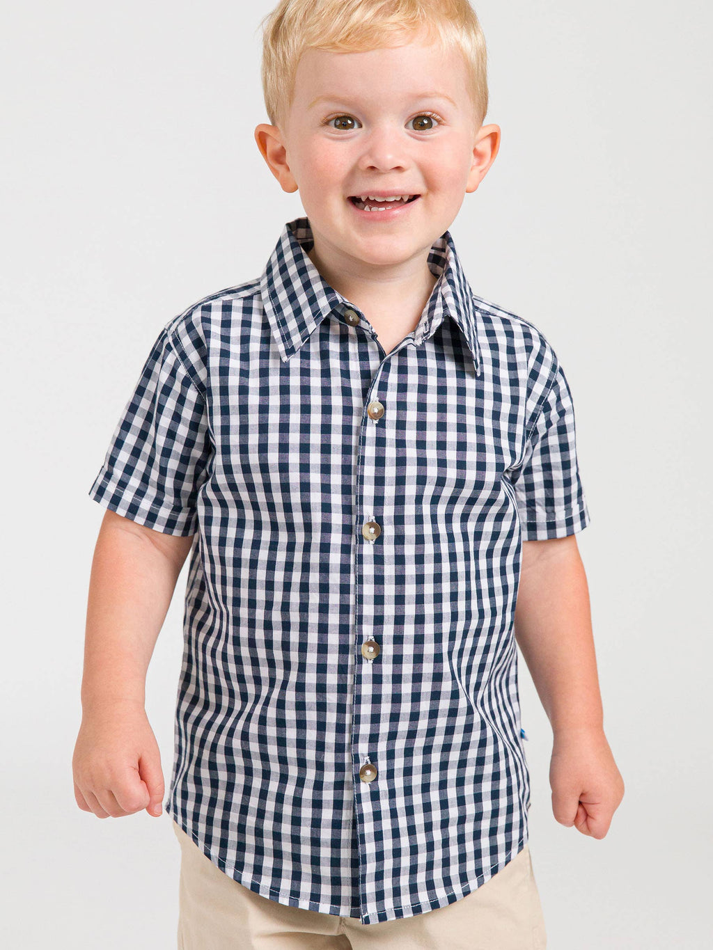RuffleButts + RuggedButts - Boys Classic Dark Navy Gingham Short Sleeve Button Down Shirt