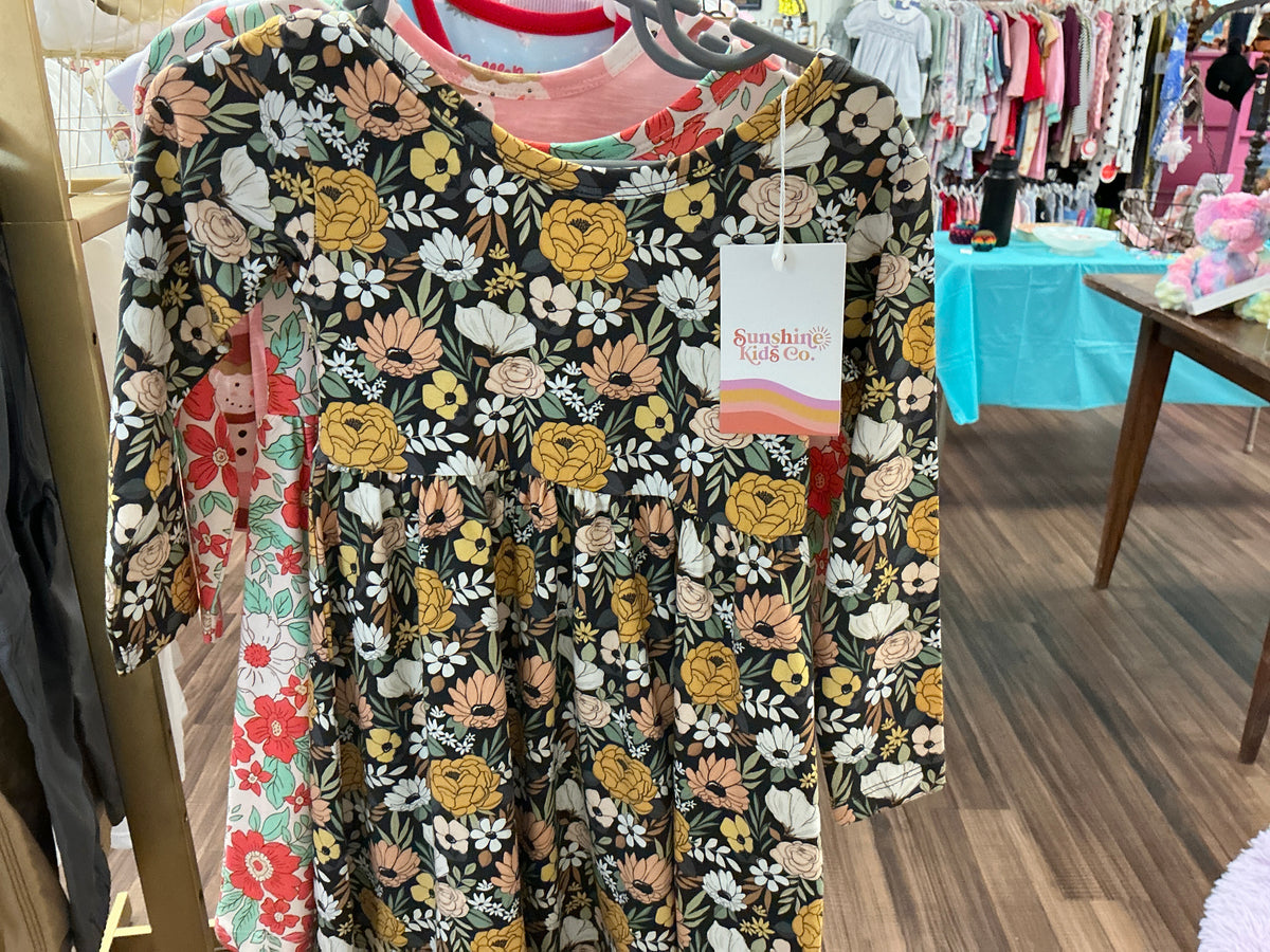 Twirl dress LS fall mustard floral- pretty fall dress