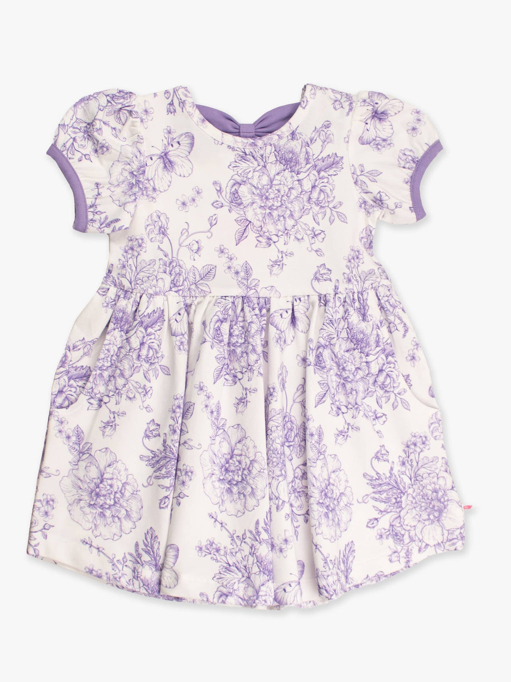 RuffleButts + RuggedButts - Girls Wisteria Purple Butterfly Garden Toile Puff Short Sleeve Bow Twirl Dress