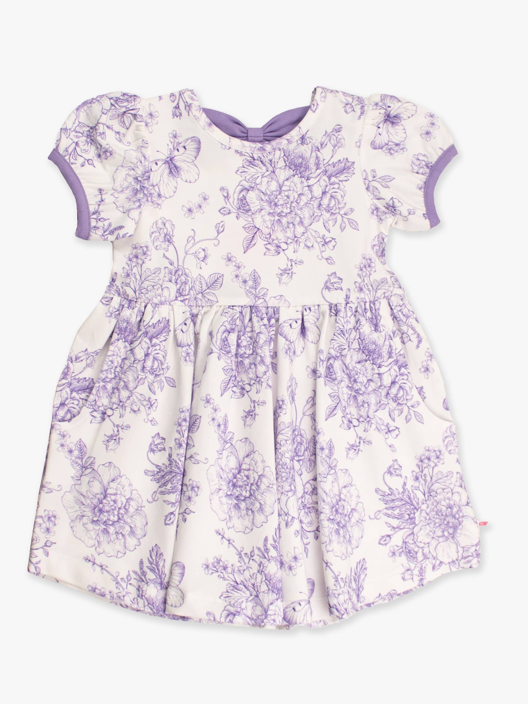 RuffleButts + RuggedButts - Girls Wisteria Purple Butterfly Garden Toile Puff Short Sleeve Bow Twirl Dress