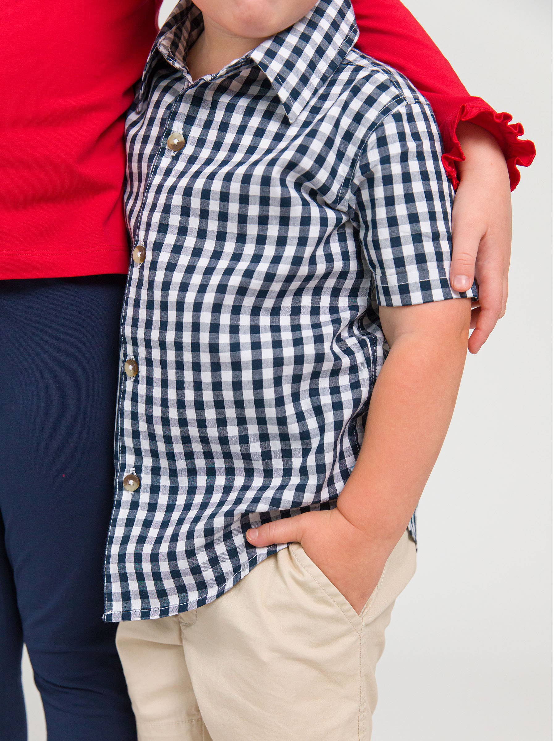 RuffleButts + RuggedButts - Boys Classic Dark Navy Gingham Short Sleeve Button Down Shirt