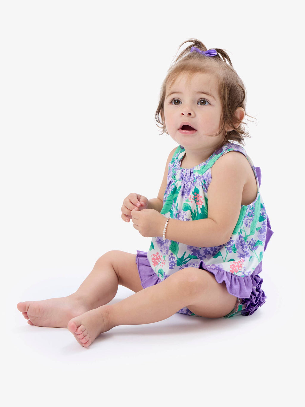 RuffleButts + RuggedButts - Baby Girls Purple Hydrangea Garden Knit Swing Top & Bloomer Set