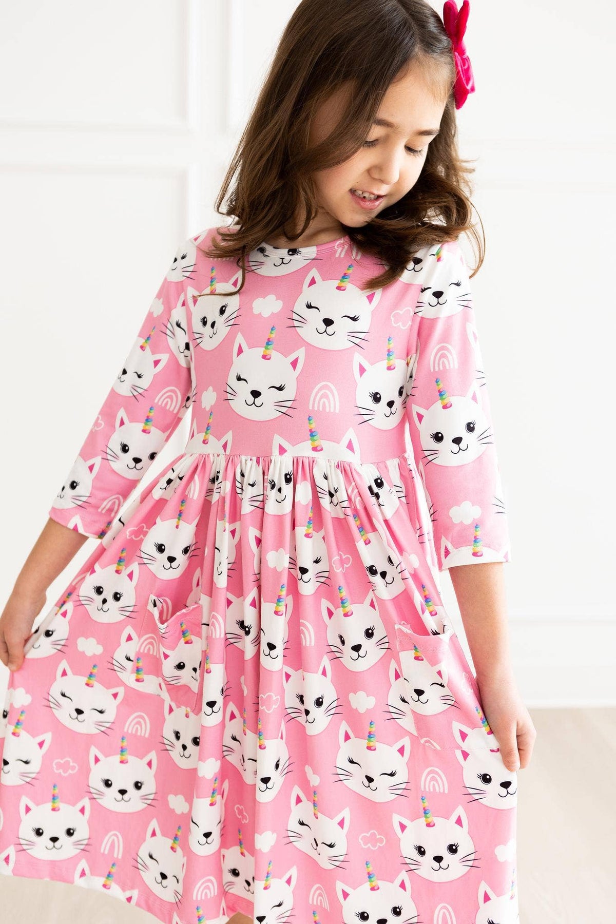 Mila & Rose - Unicorn Kitties 3/4 Sleeve Pocket Twirl Dress