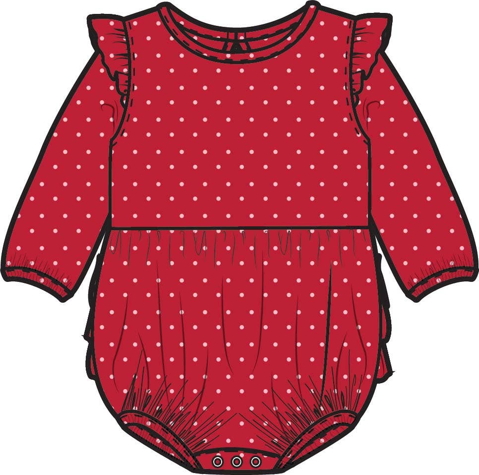 RuffleButts + RuggedButts - Baby Girls Tiny Red & Pink Dots Knit Long Sleeve Flutter Bubble Romper
