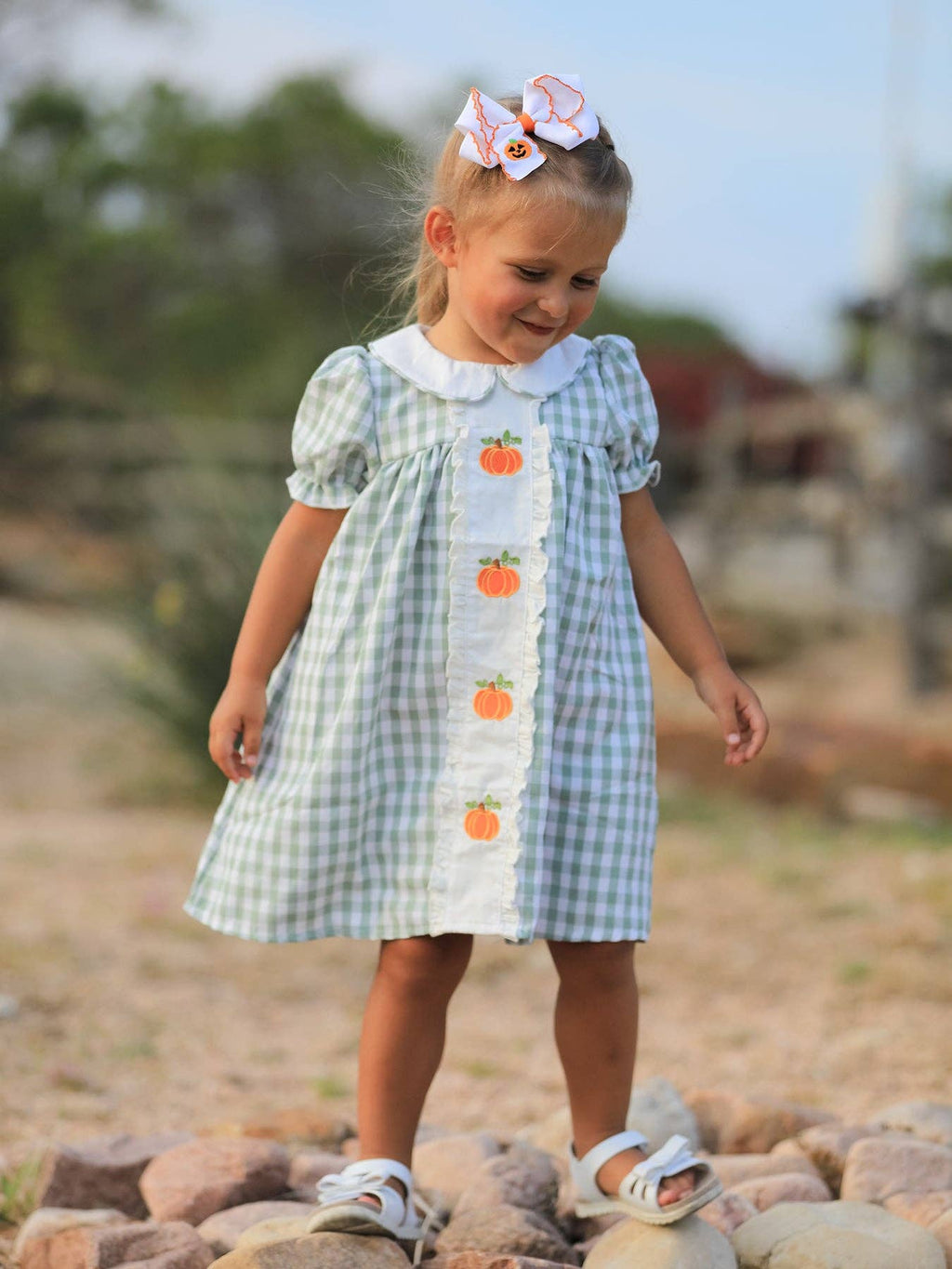 Rylee Faith Designs - Fall Halloween & Thanksgiving Pumpkin Applique Plaid Green Girls Dress