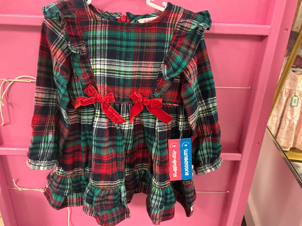 RuffleButts Red green flannel plaid w/ bows