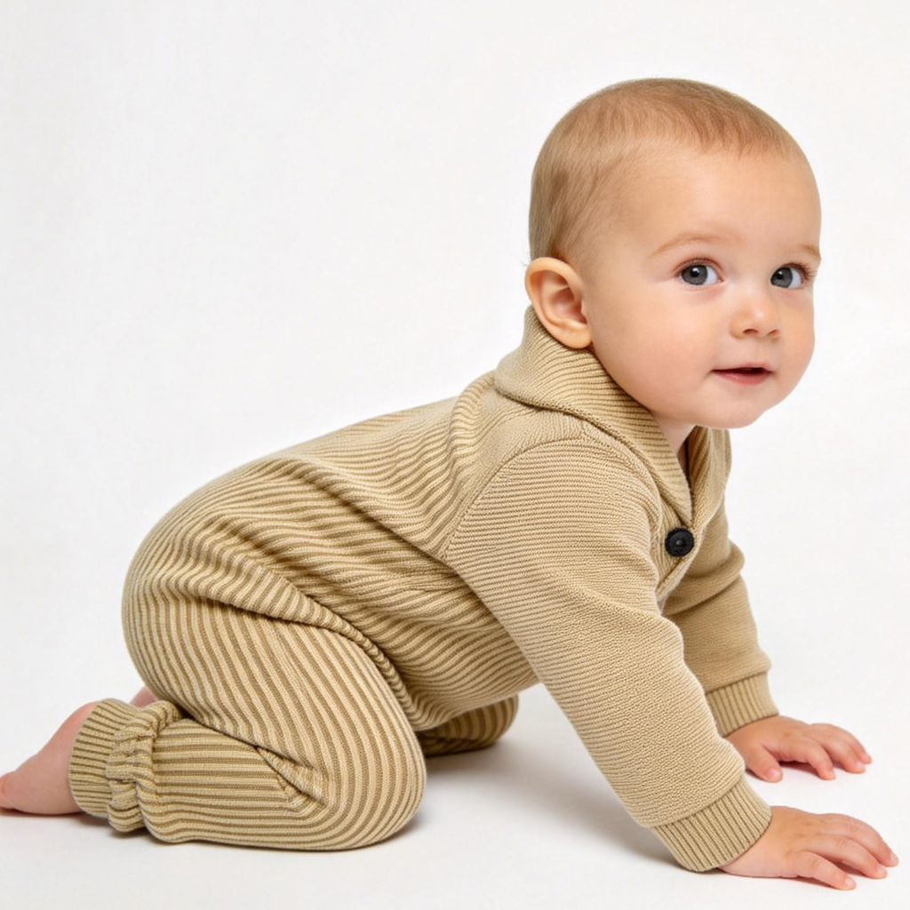 Baby Beige Knit Shawl Collar Romper