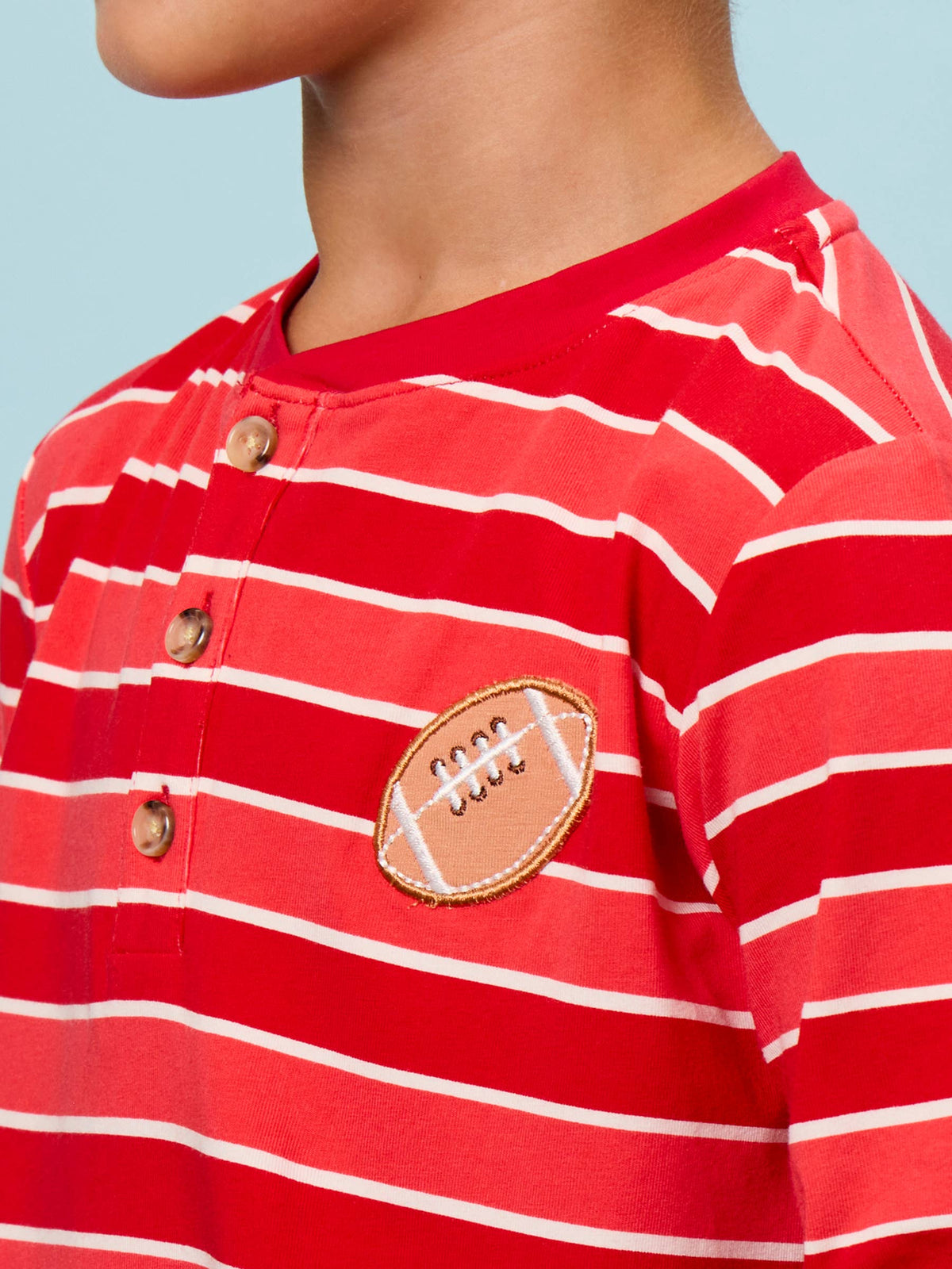 RuffleButts + RuggedButts - Boys Varsity Red Football Stripe Knit Long Sleeve Embroidered Henley Tee