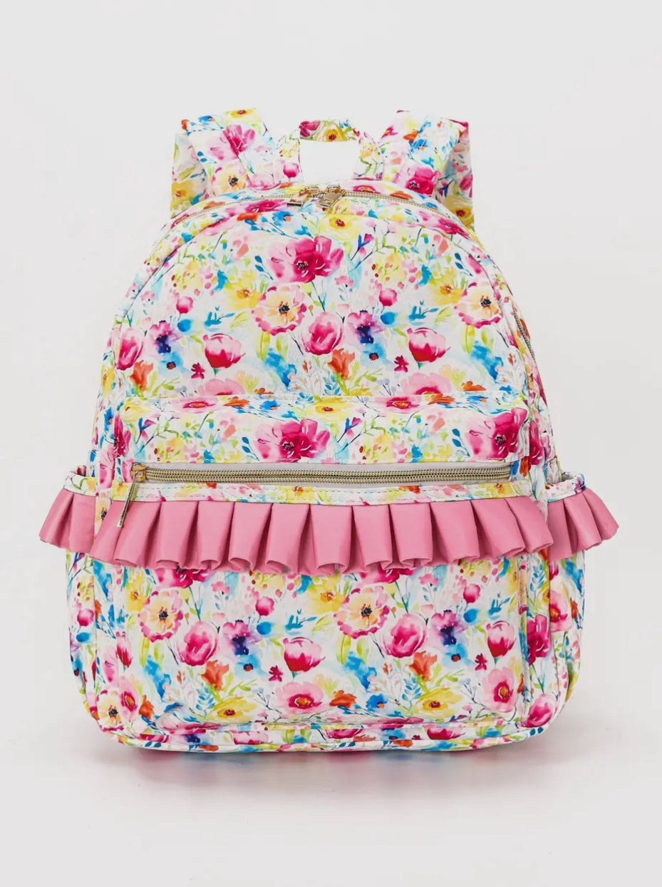 Big Kids Pink Flower Pink Ruffle Back Pack