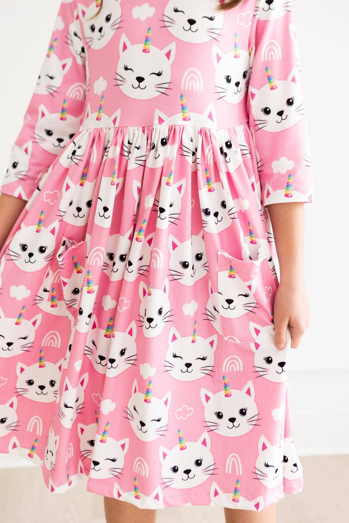 Mila & Rose - Unicorn Kitties 3/4 Sleeve Pocket Twirl Dress