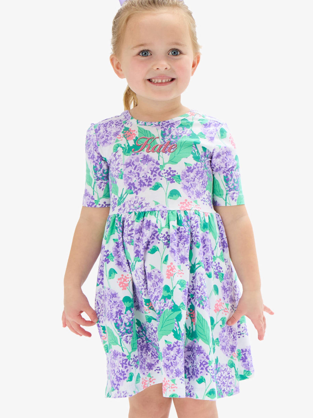 RuffleButts + RuggedButts - Girls Purple Hydrangea Garden Short Sleeve Knit Twirl Dress