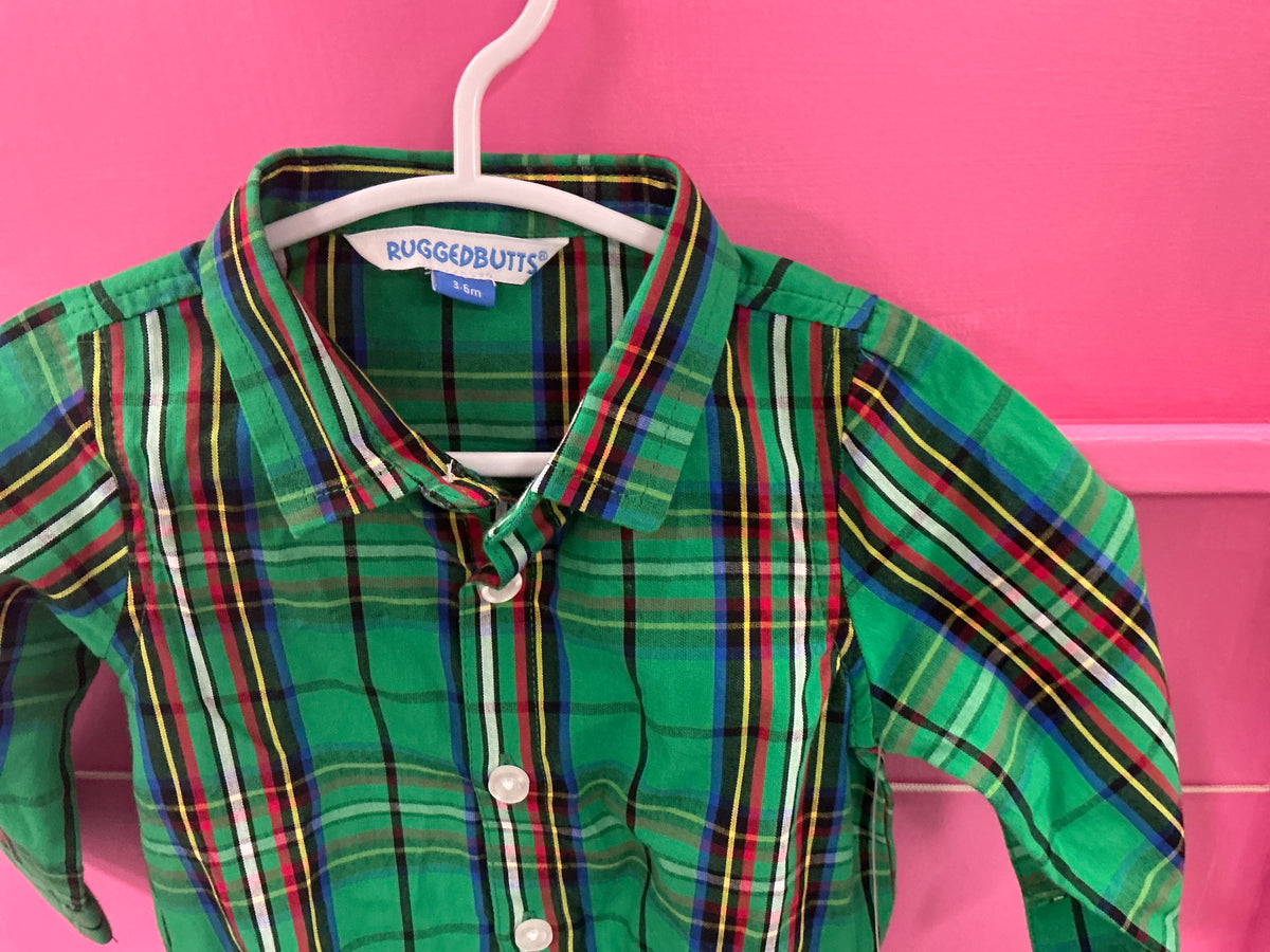 RuffleButts + RuggedButts - Baby Boys Green Nicholas Plaid Long Sleeve Button Down Bodysuit