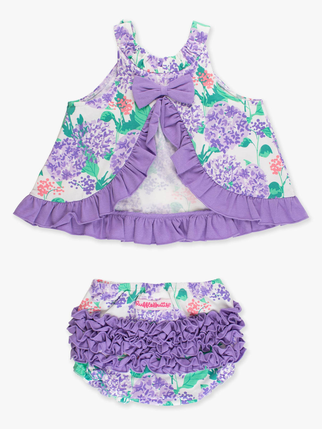 RuffleButts + RuggedButts - Baby Girls Purple Hydrangea Garden Knit Swing Top & Bloomer Set