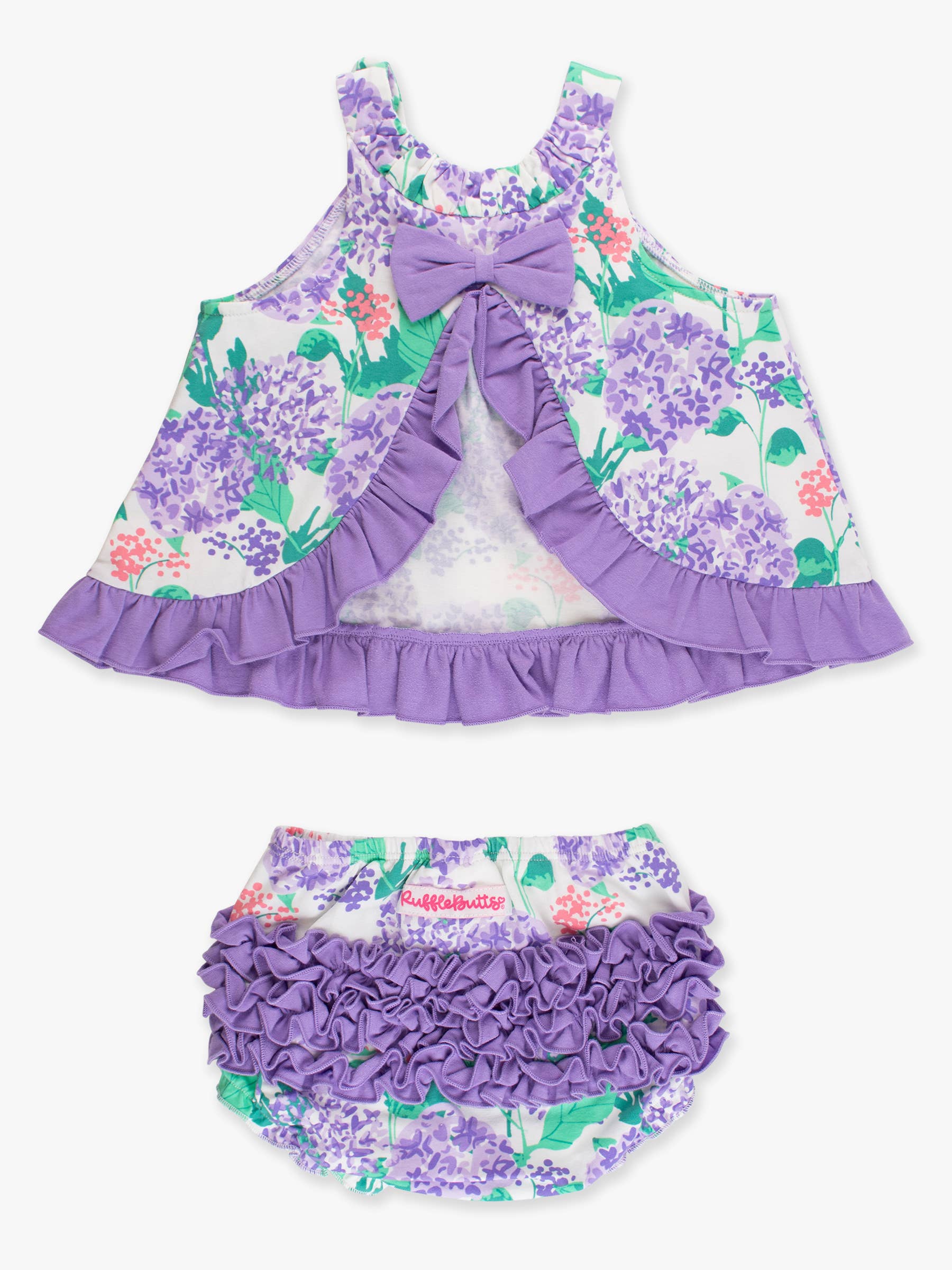 RuffleButts + RuggedButts - Baby Girls Purple Hydrangea Garden Knit Swing Top & Bloomer Set