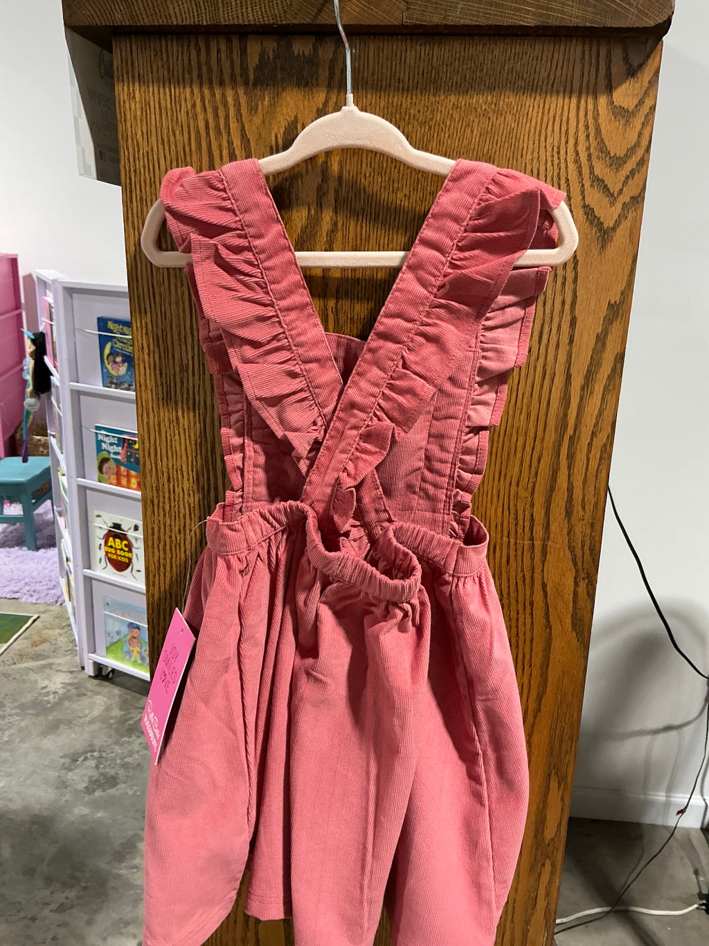 RuffleButts corduroy cross back jumper dress dusty cedar