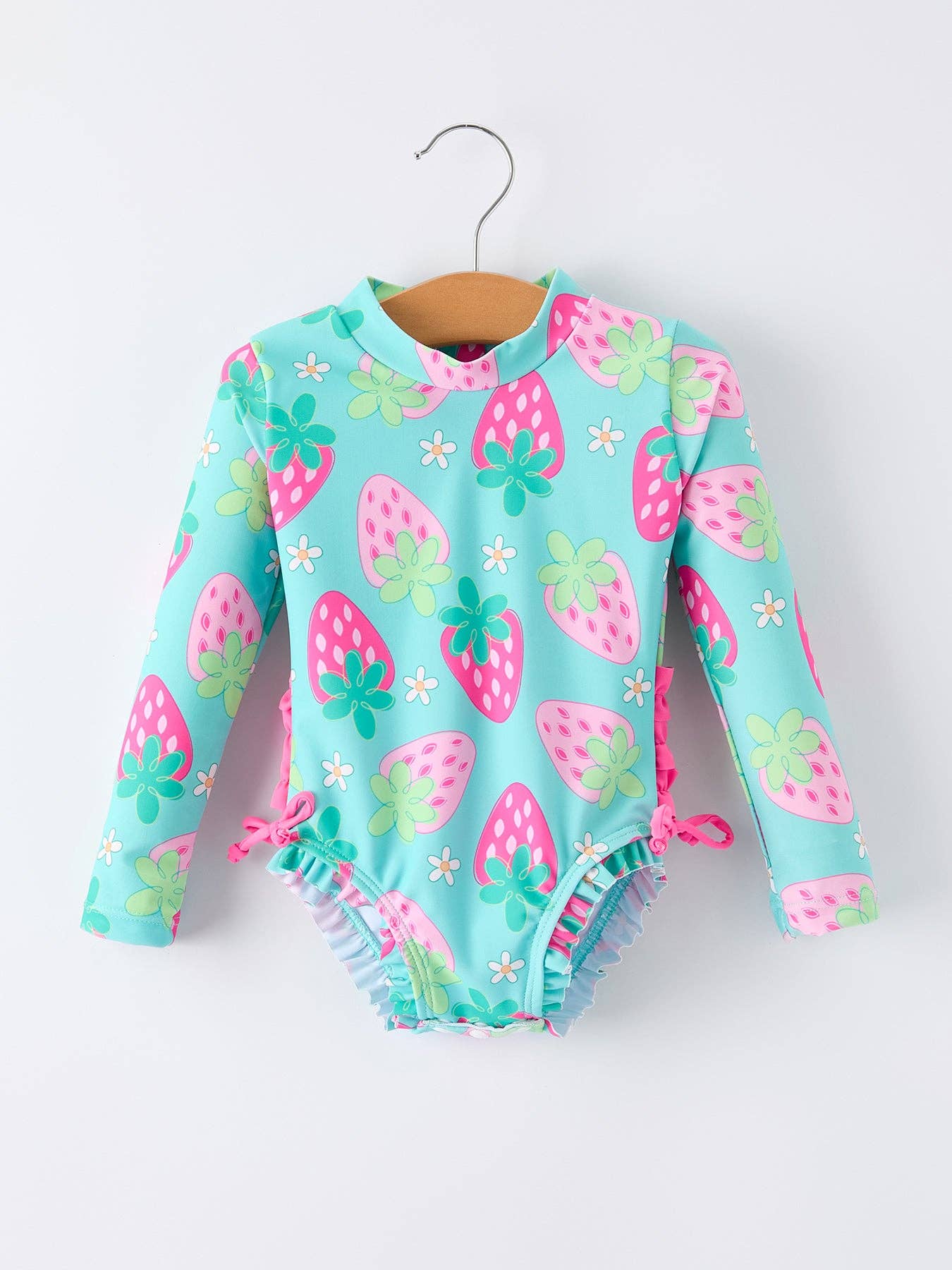 Rylee Faith Designs - Summer Strawberry Print Girl Long Sleeve Ruffle One Piece Swimsuit