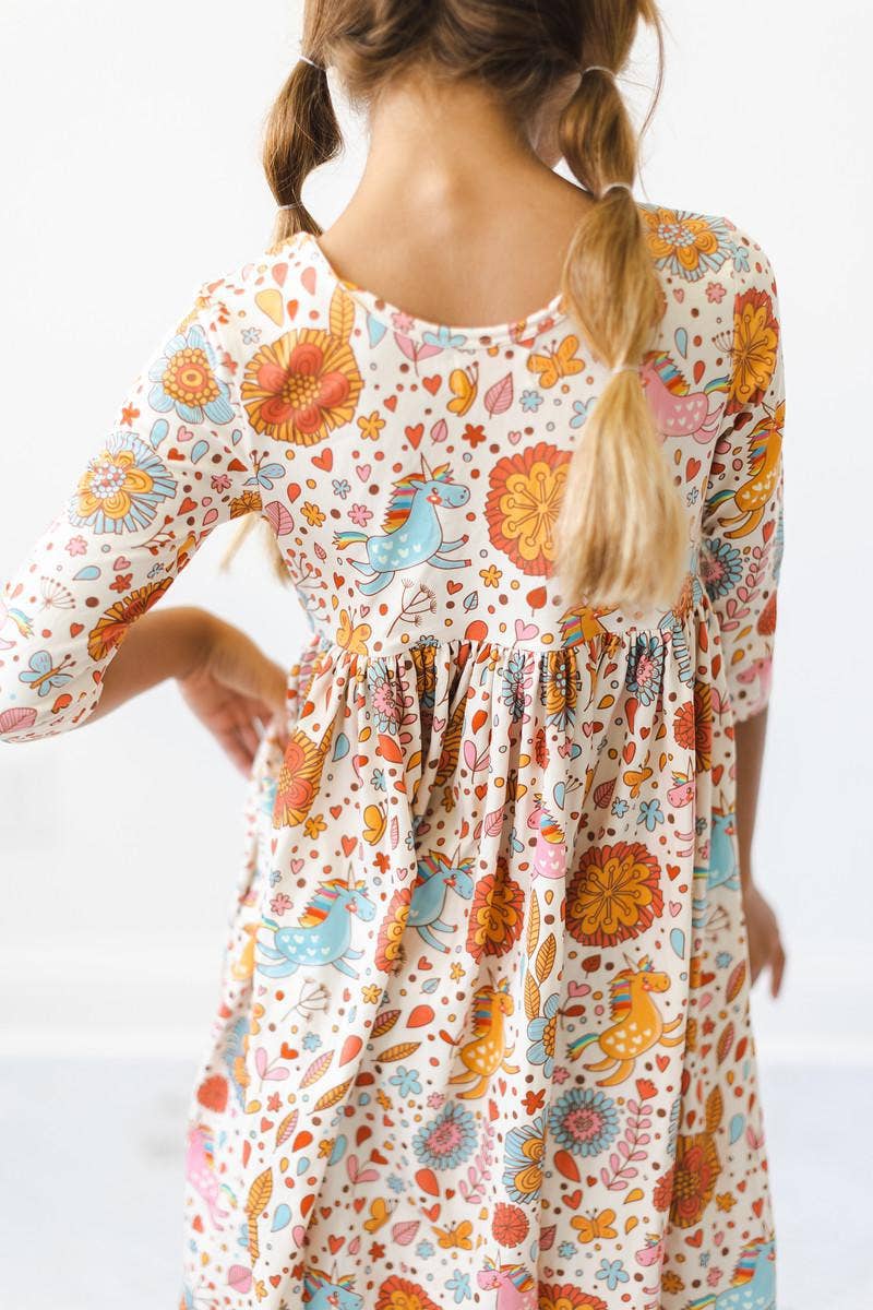 Mila & Rose - Retro Unicorns 3/4 Sleeve Pocket Twirl Dress