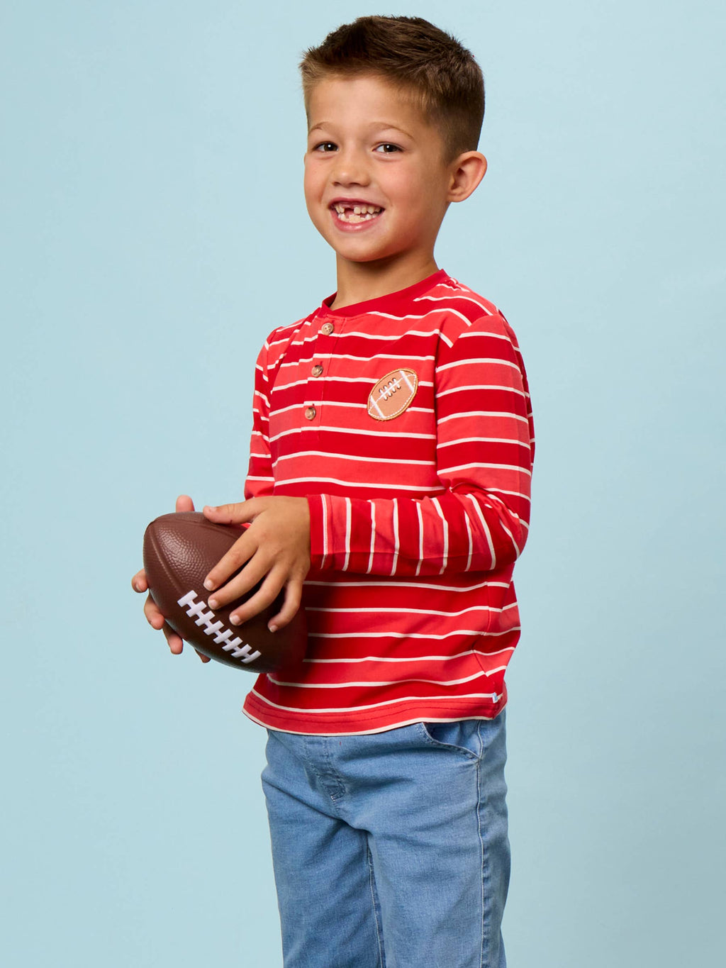 RuffleButts + RuggedButts - Boys Varsity Red Football Stripe Knit Long Sleeve Embroidered Henley Tee