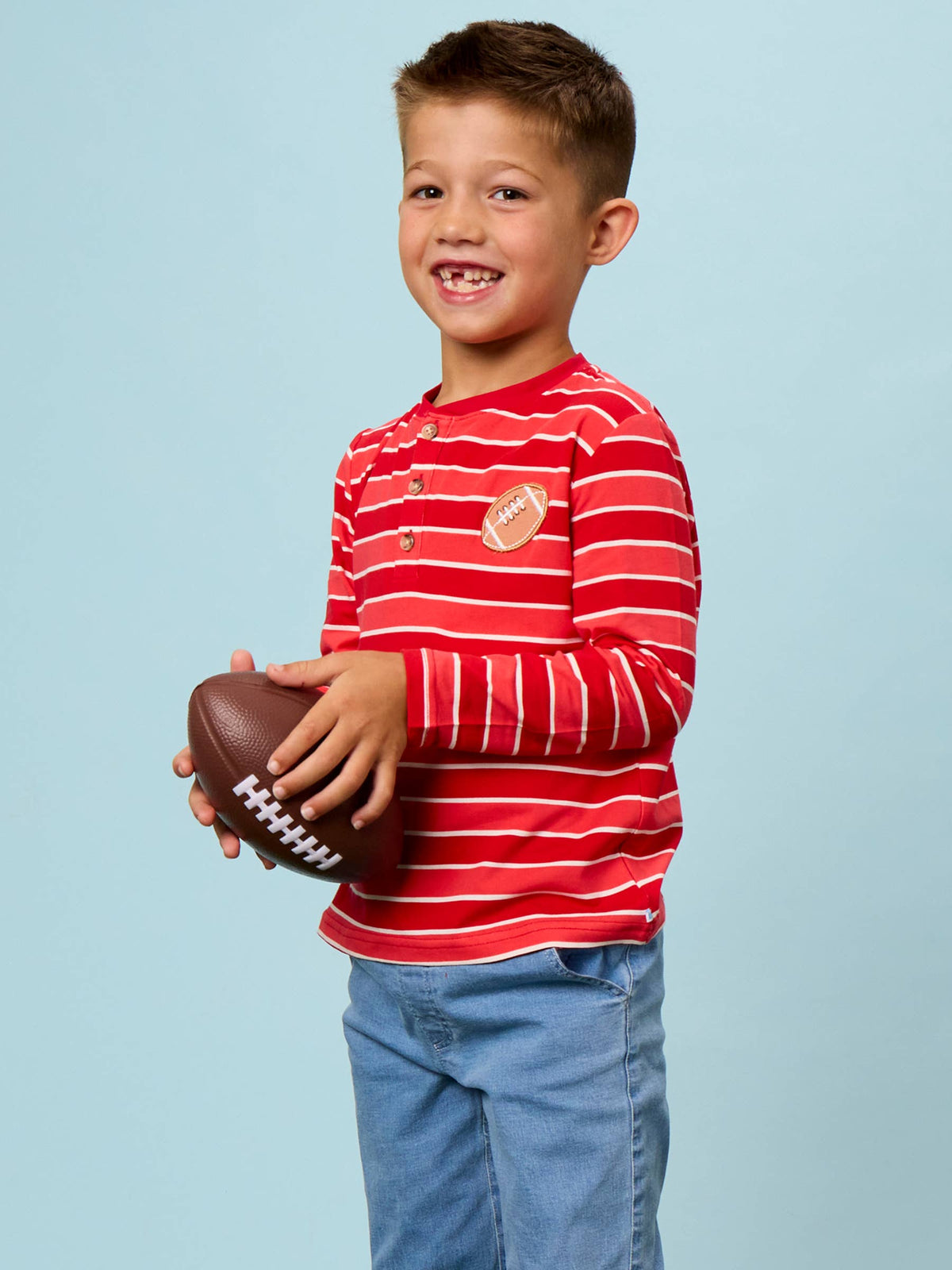 RuffleButts + RuggedButts - Boys Varsity Red Football Stripe Knit Long Sleeve Embroidered Henley Tee