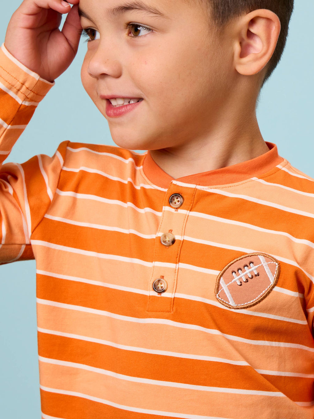 RuffleButts + RuggedButts - Boys Varsity Orange Football Stripe Knit Long Sleeve Embroidered Henley Tee