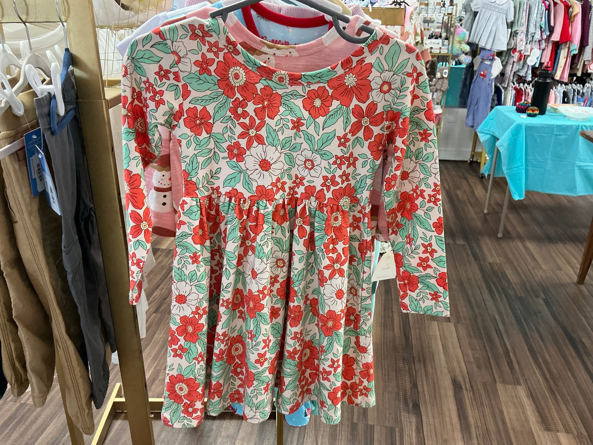Holiday floral LS twirl dress red and green