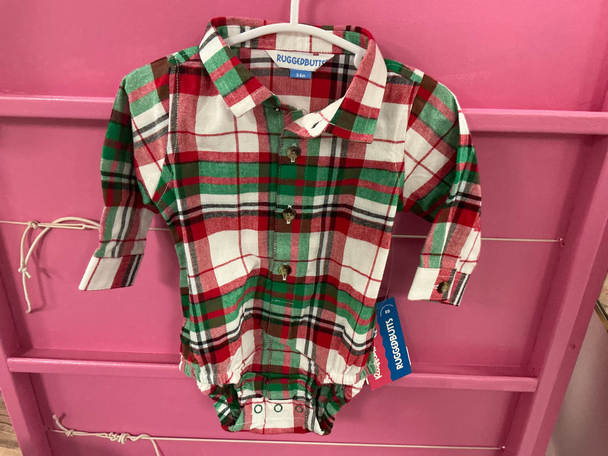 RuffleButts + RuggedButts - Baby Boys Dashing Dreams Plaid Long Sleeve Button Down Bodysuit