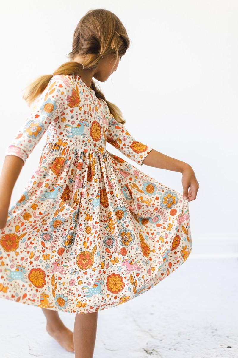 Mila & Rose - Retro Unicorns 3/4 Sleeve Pocket Twirl Dress