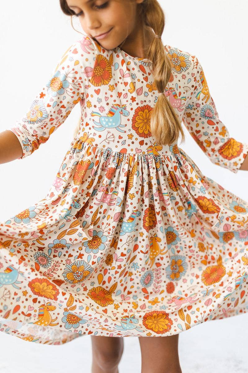Mila & Rose - Retro Unicorns 3/4 Sleeve Pocket Twirl Dress