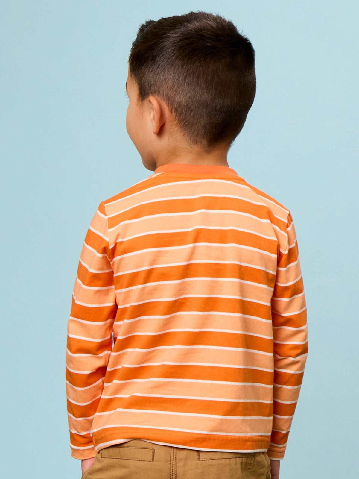 RuffleButts + RuggedButts - Boys Varsity Orange Football Stripe Knit Long Sleeve Embroidered Henley Tee