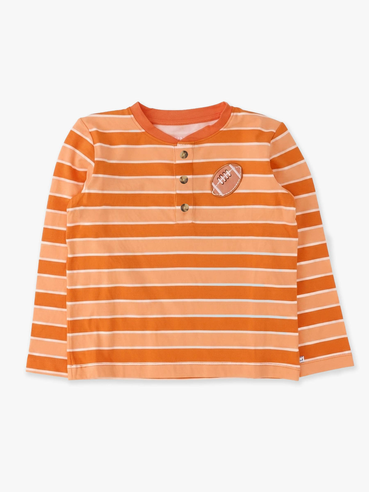 RuffleButts + RuggedButts - Boys Varsity Orange Football Stripe Knit Long Sleeve Embroidered Henley Tee