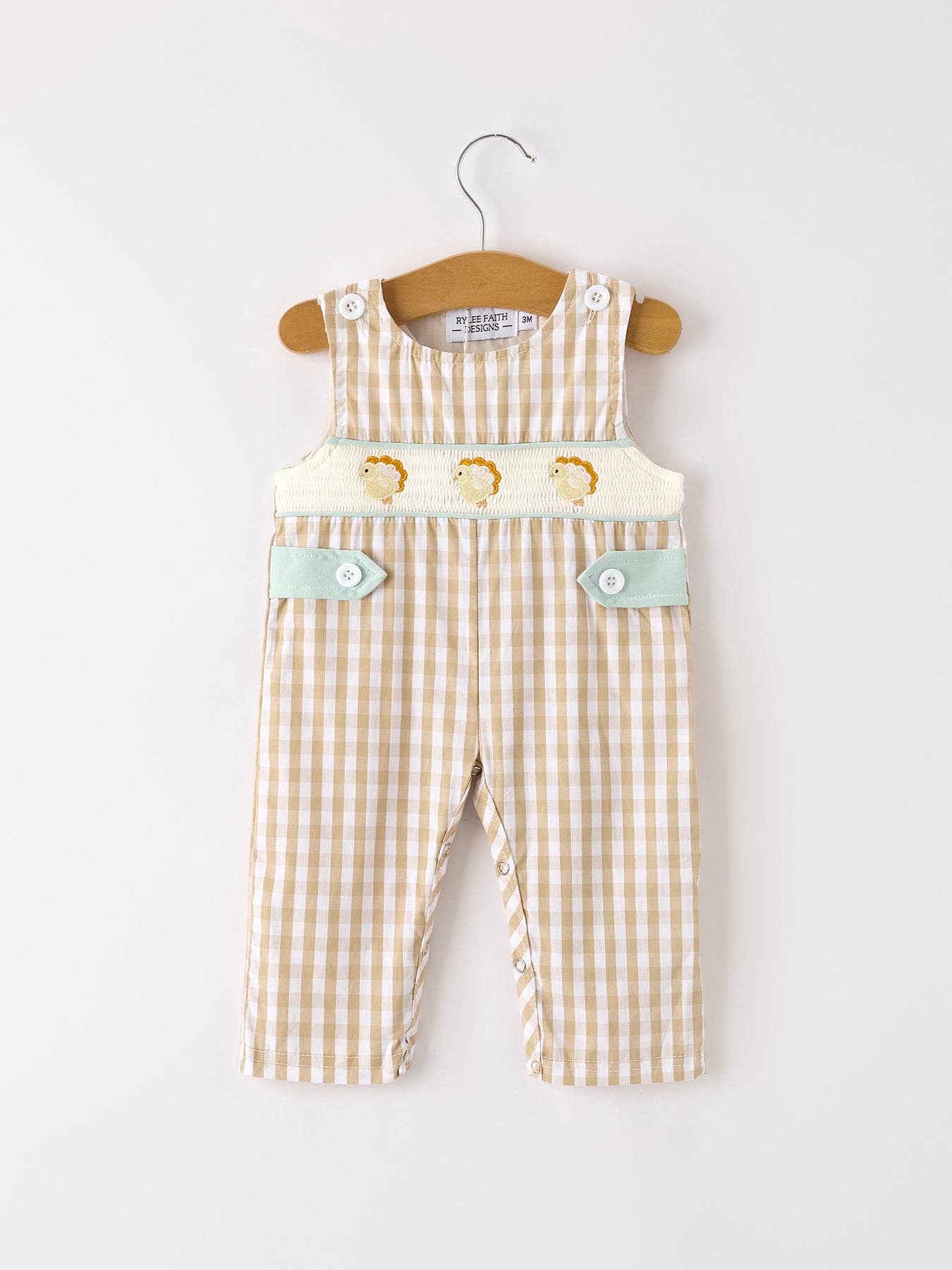 Rylee Faith Designs - Fall Thanksgiving Apricot Plaid Chick Embroidery Smocking Baby Boys Romper