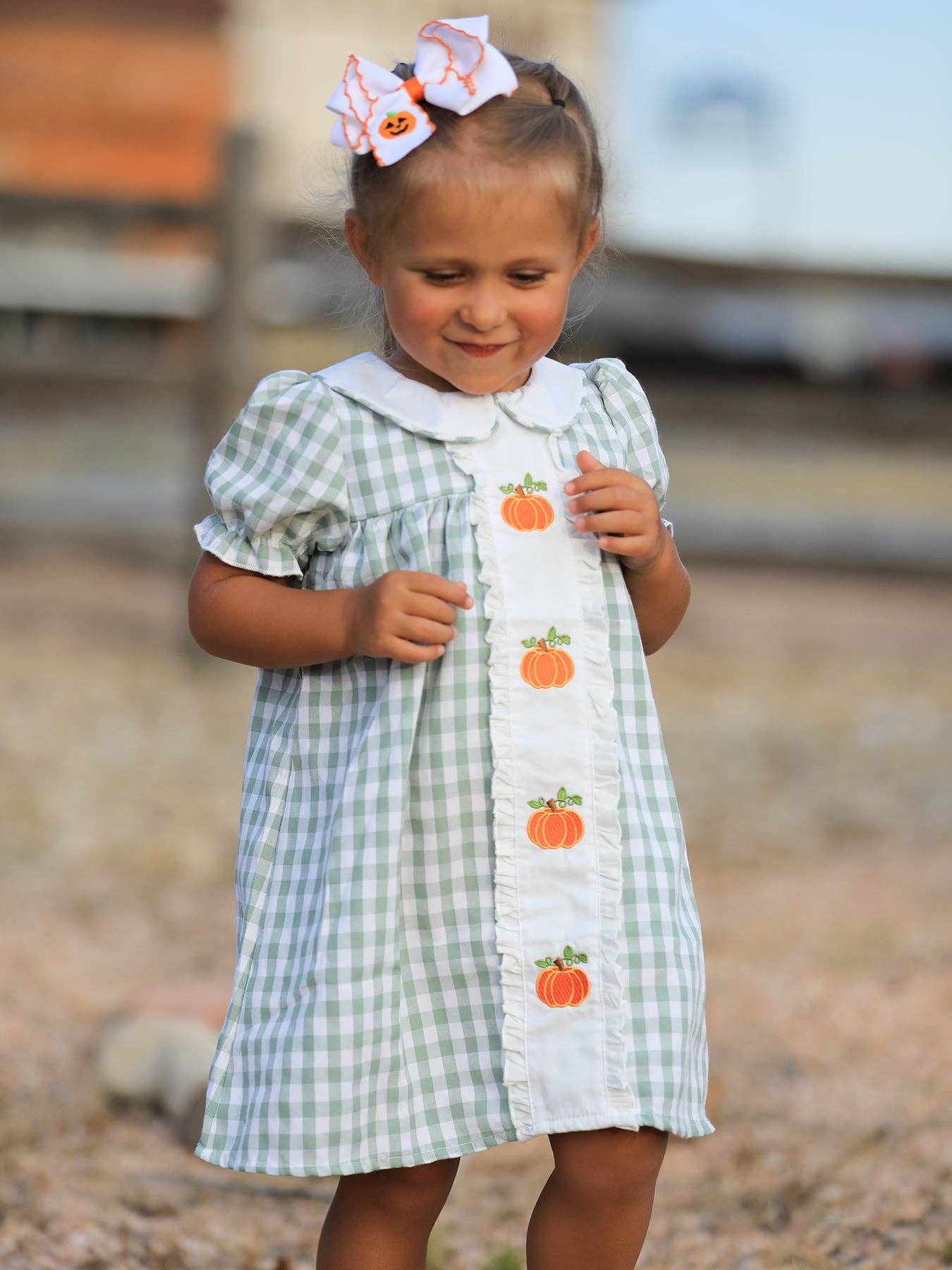Rylee Faith Designs - Fall Halloween & Thanksgiving Pumpkin Applique Plaid Green Girls Dress