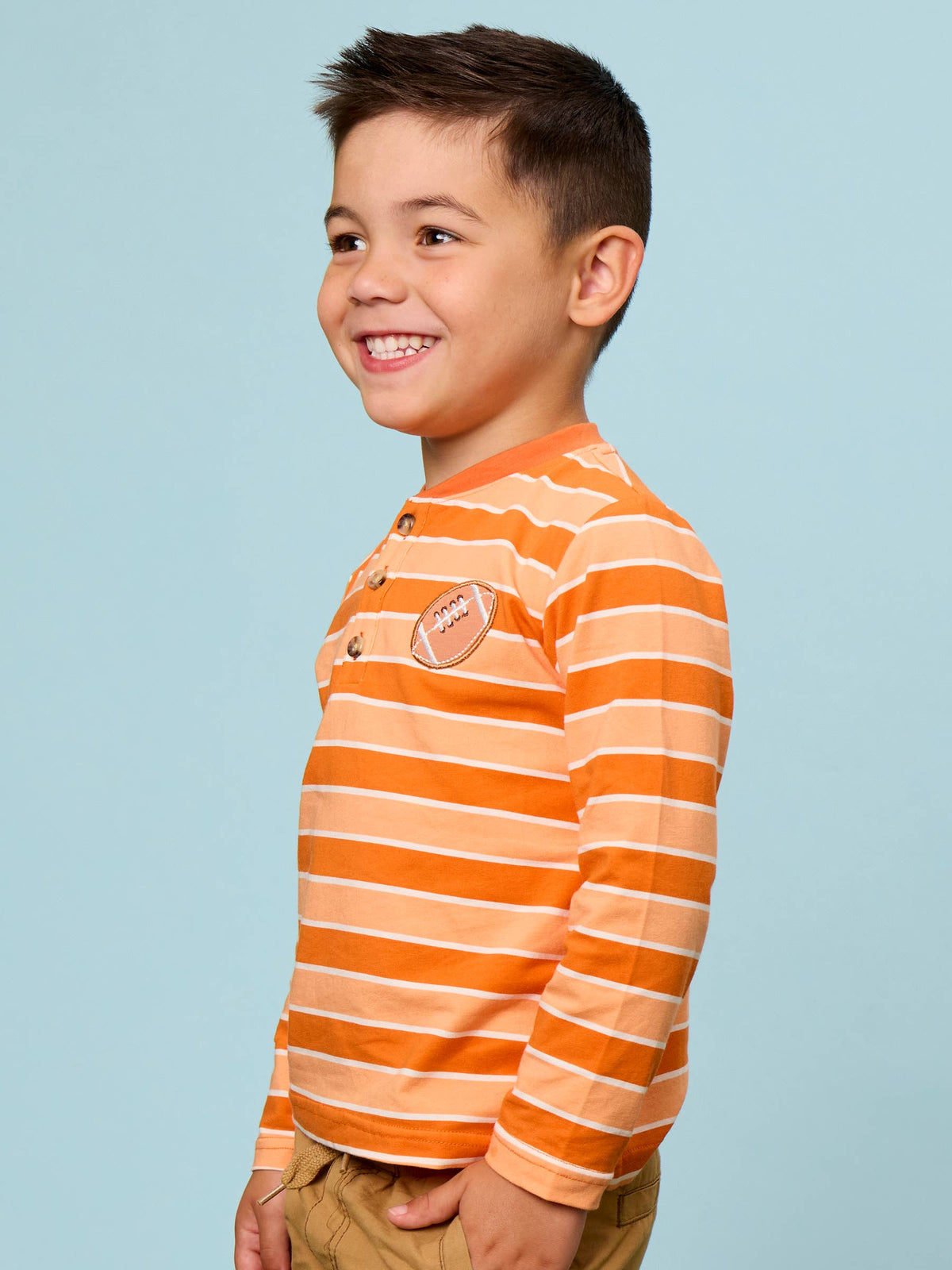 RuffleButts + RuggedButts - Boys Varsity Orange Football Stripe Knit Long Sleeve Embroidered Henley Tee