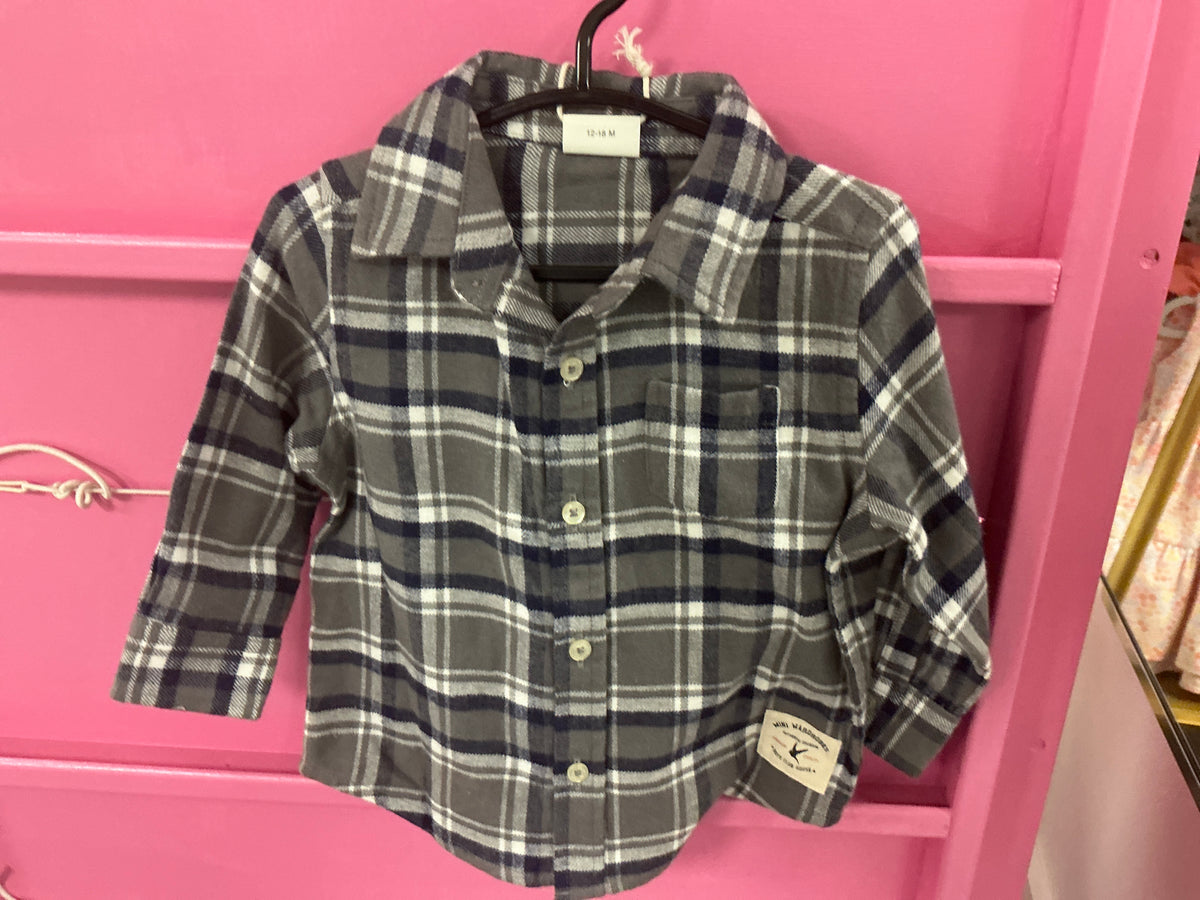 Flannel Plaid grey navy button up shirt boys