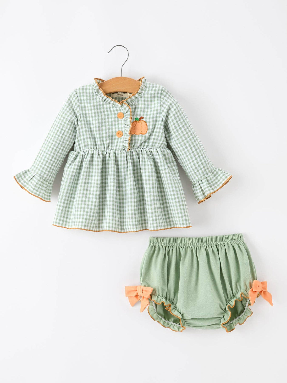 Rylee Faith Designs - Fall Plaid Baby Girl Outfit Set Pumpkin Applique Ruffle Top Bloomer