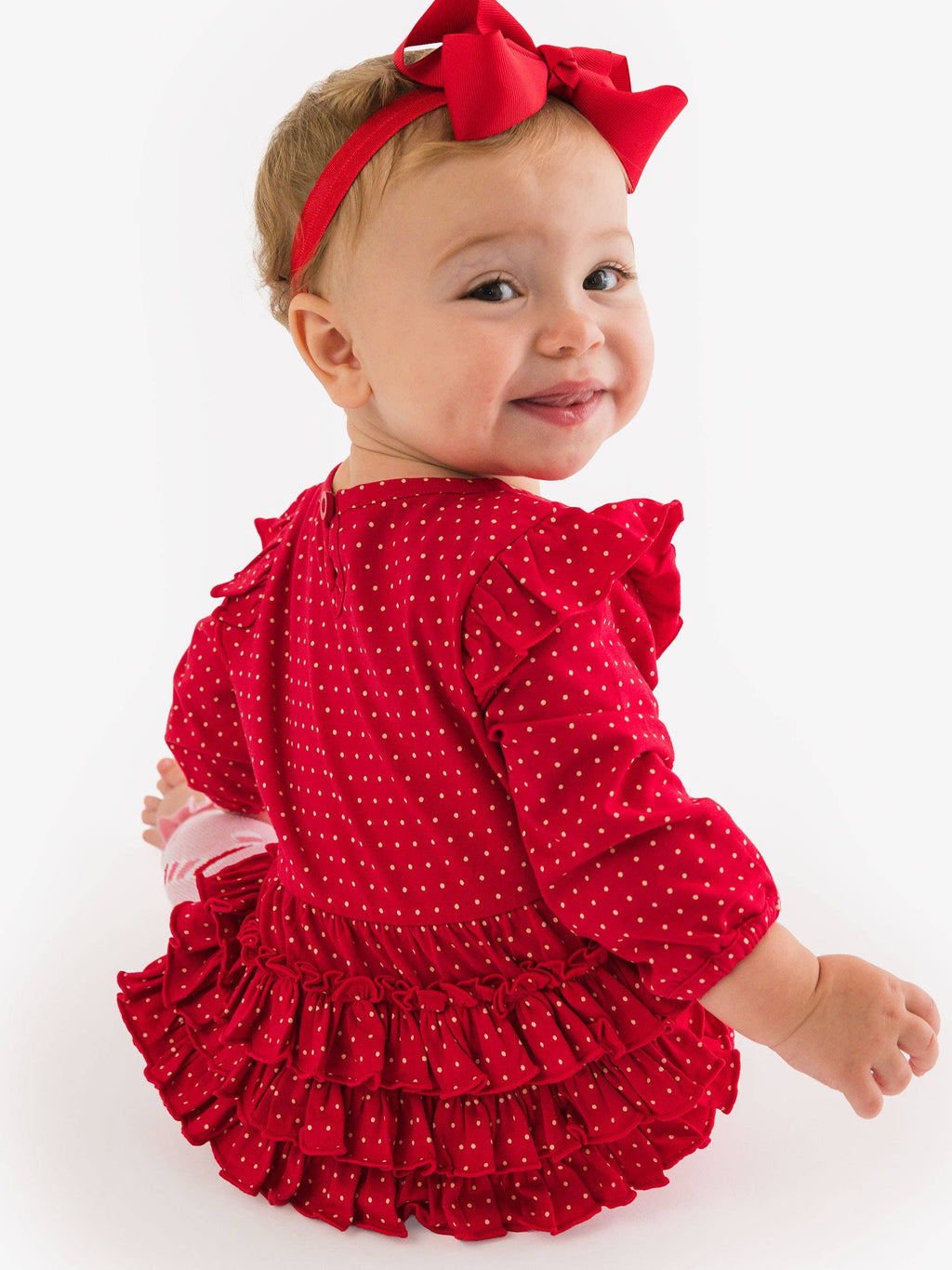 RuffleButts + RuggedButts - Baby Girls Tiny Red & Pink Dots Knit Long Sleeve Flutter Bubble Romper