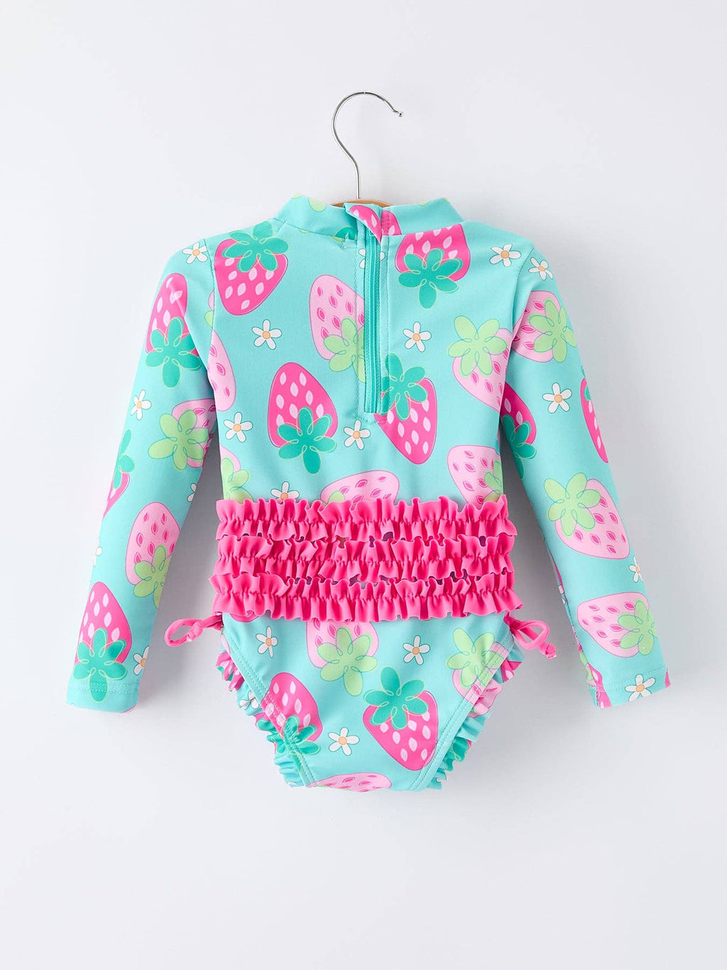 Rylee Faith Designs - Summer Strawberry Print Girl Long Sleeve Ruffle One Piece Swimsuit