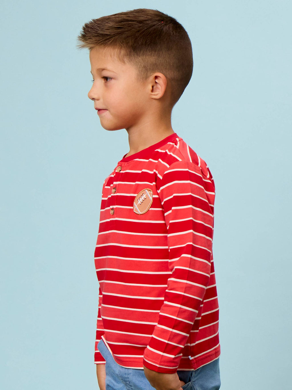 RuffleButts + RuggedButts - Boys Varsity Red Football Stripe Knit Long Sleeve Embroidered Henley Tee