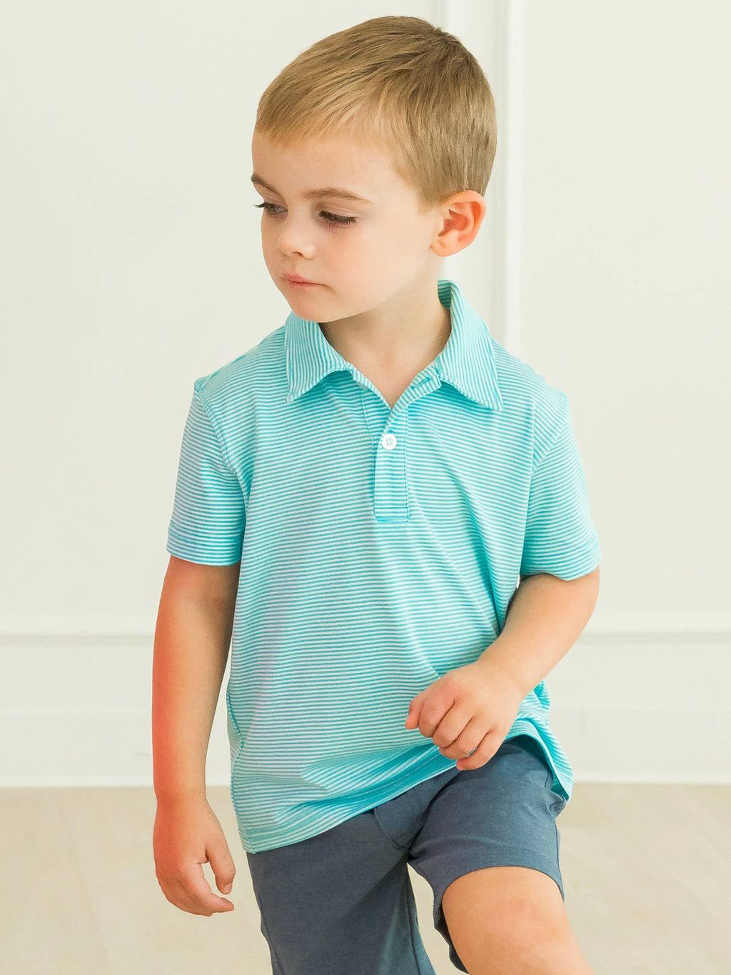 RuffleButts + RuggedButts - Boys Bright Aqua Micro Stripe Knit Short Sleeve Performance Polo