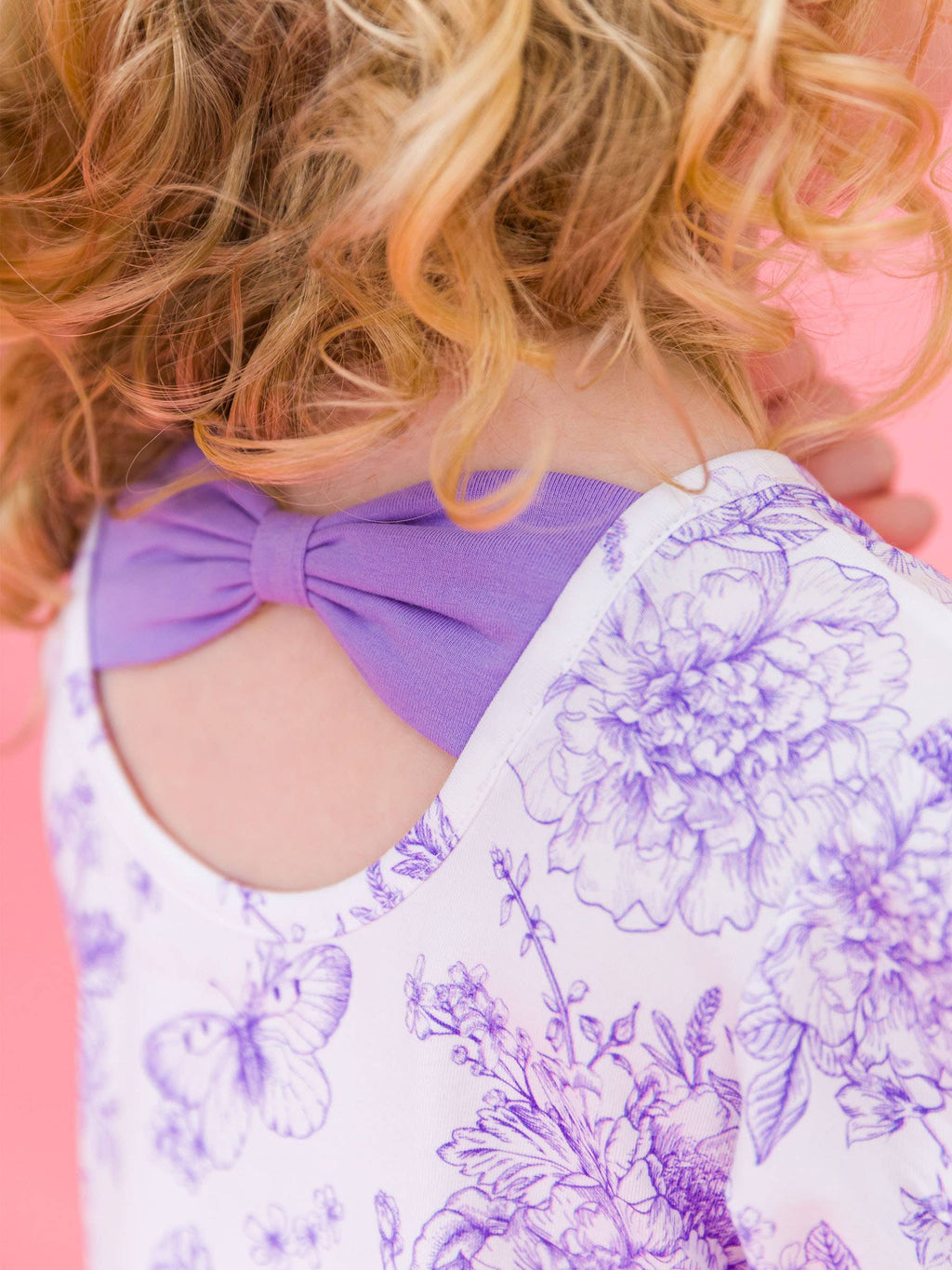 RuffleButts + RuggedButts - Girls Wisteria Purple Butterfly Garden Toile Puff Short Sleeve Bow Twirl Dress