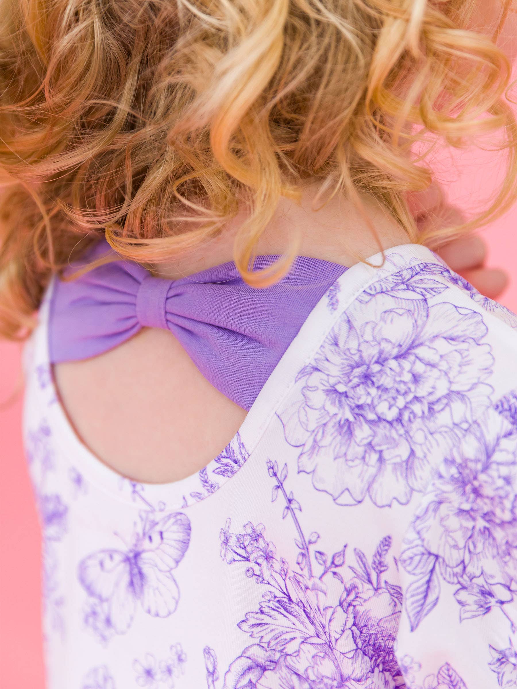 RuffleButts + RuggedButts - Girls Wisteria Purple Butterfly Garden Toile Puff Short Sleeve Bow Twirl Dress