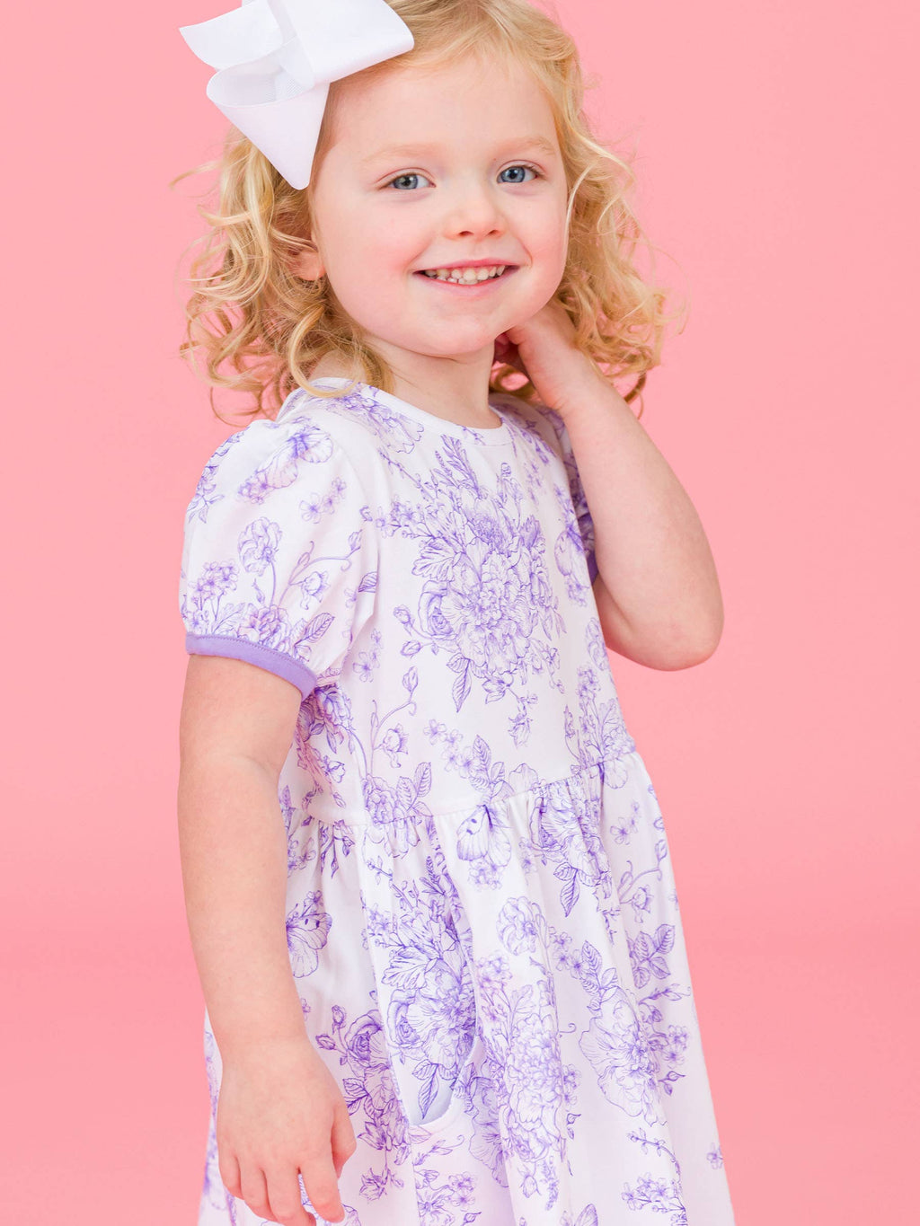 RuffleButts + RuggedButts - Girls Wisteria Purple Butterfly Garden Toile Puff Short Sleeve Bow Twirl Dress